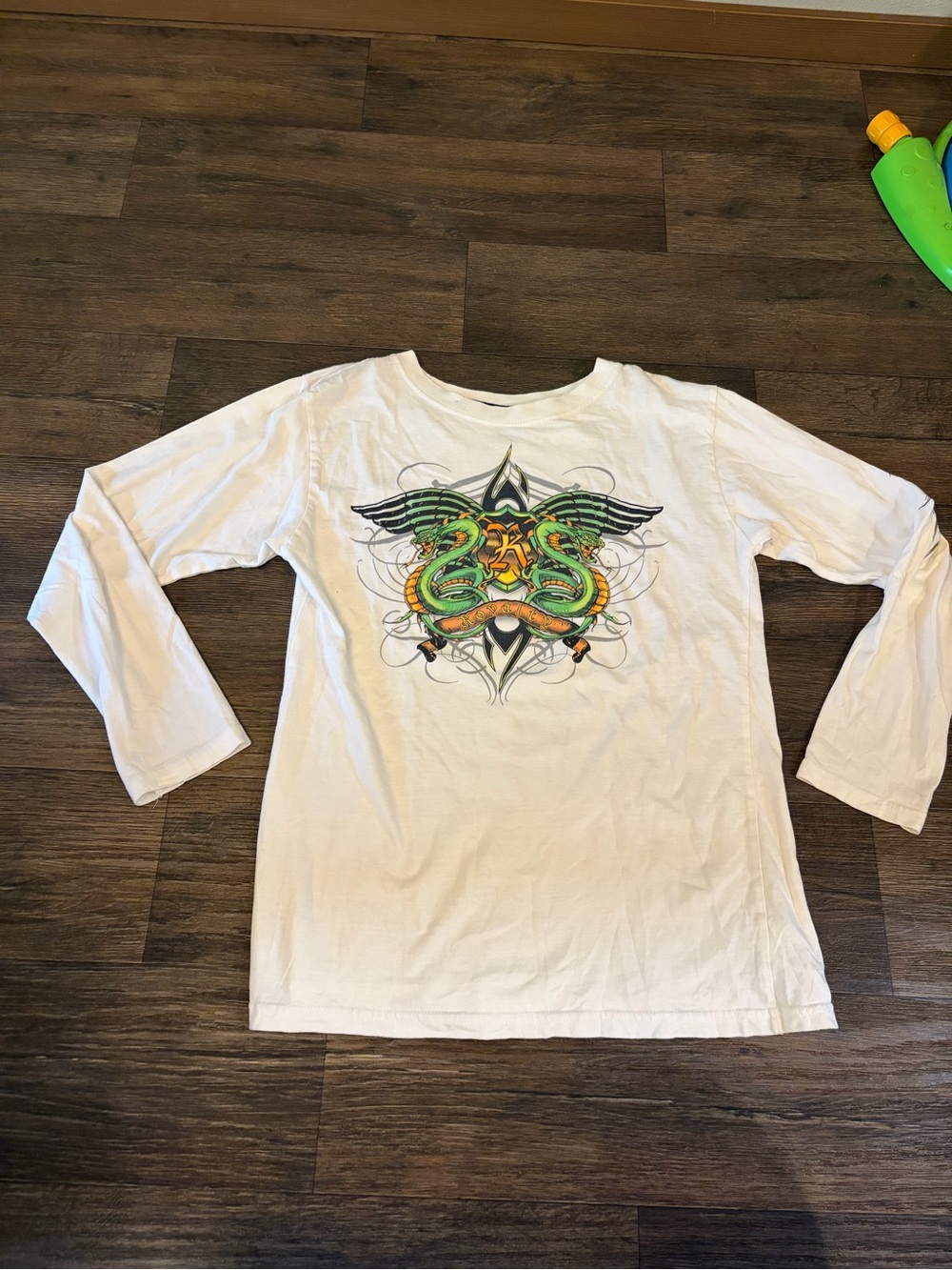 Y2K Faded Glory Tribal Green & Orange Snake Youth White Long Sleeve Size Large